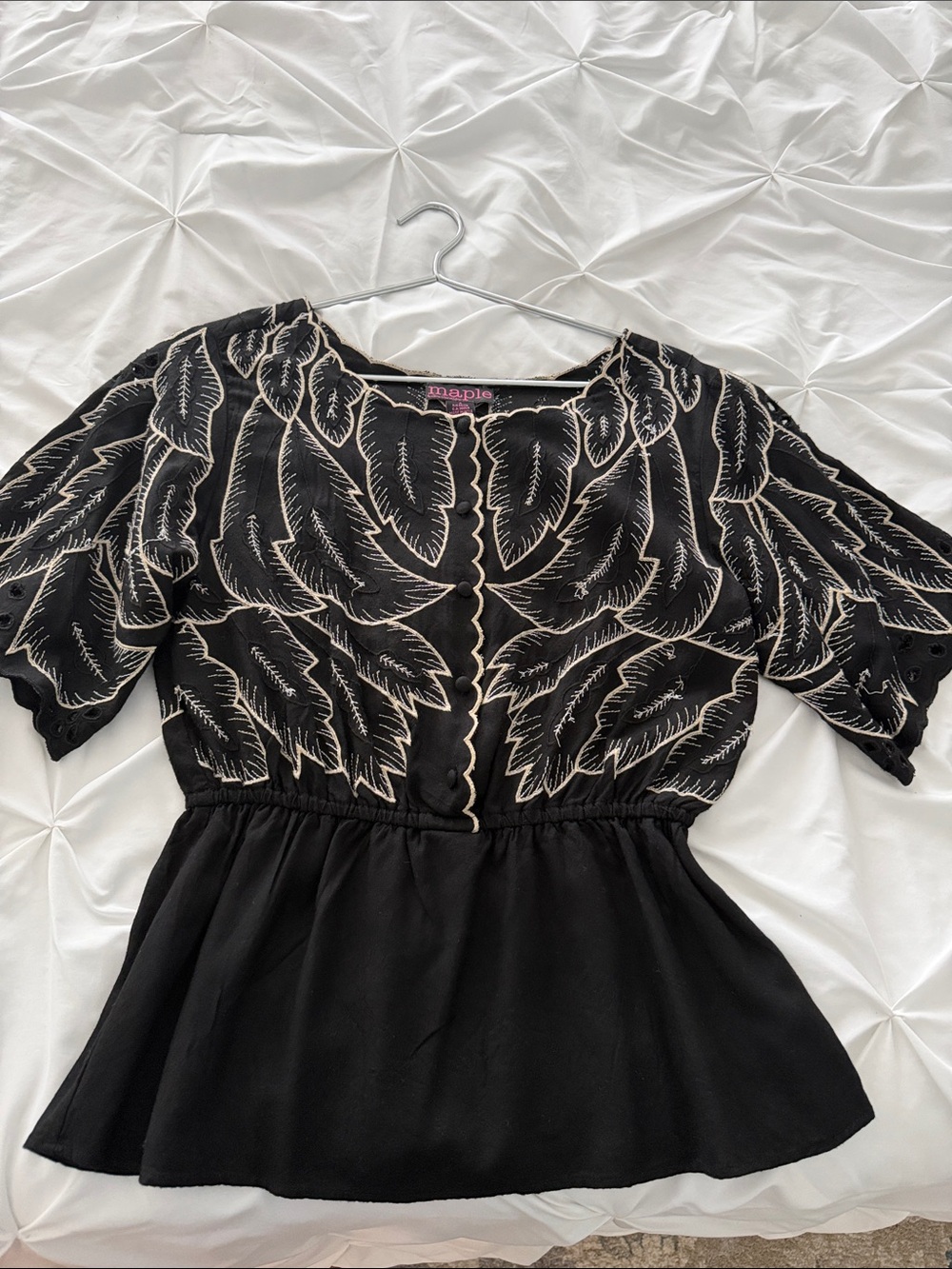Maple by Anthropology Black Peplum Blouse with Cream Leaf Embroidery